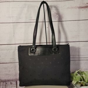 Lauren-Ralph Lauren Monogram Jacquard Canvas/Leather Tote Shoulder Bag Top Zip